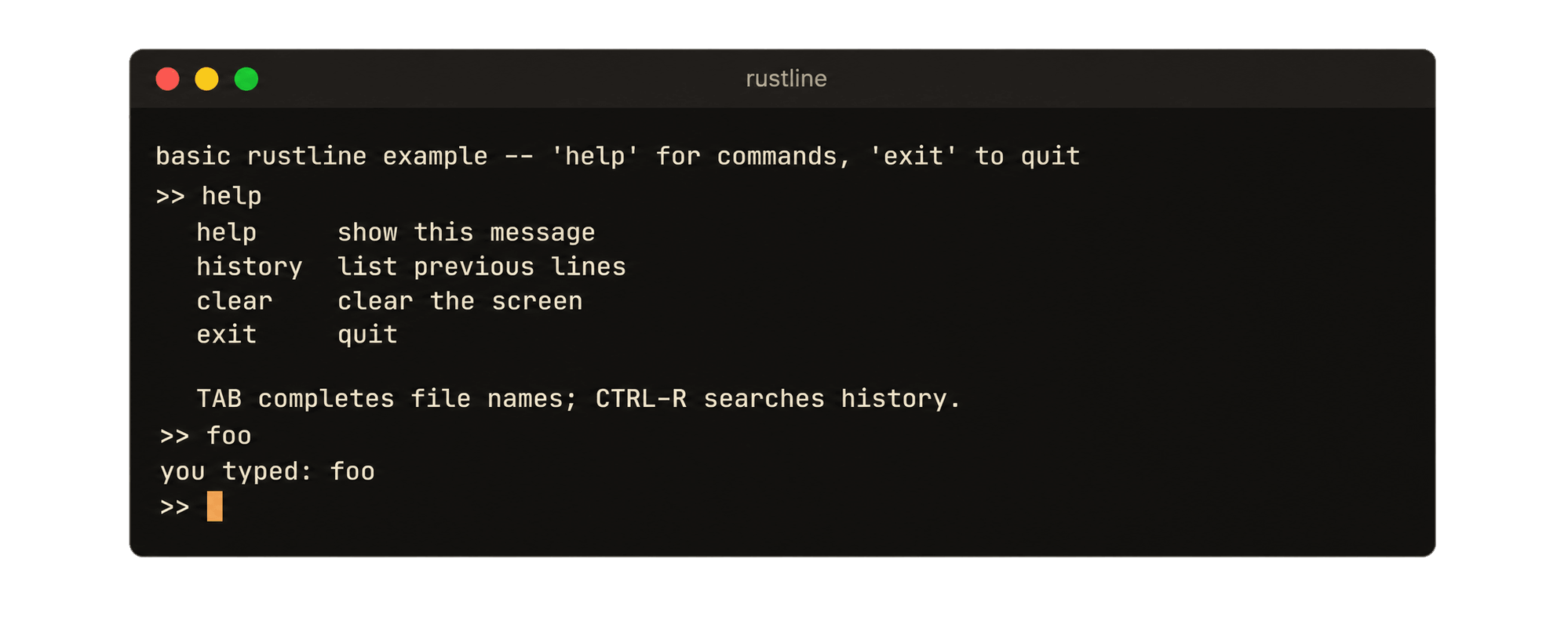 The basic example: banner, help text, an echoed line and an idle prompt